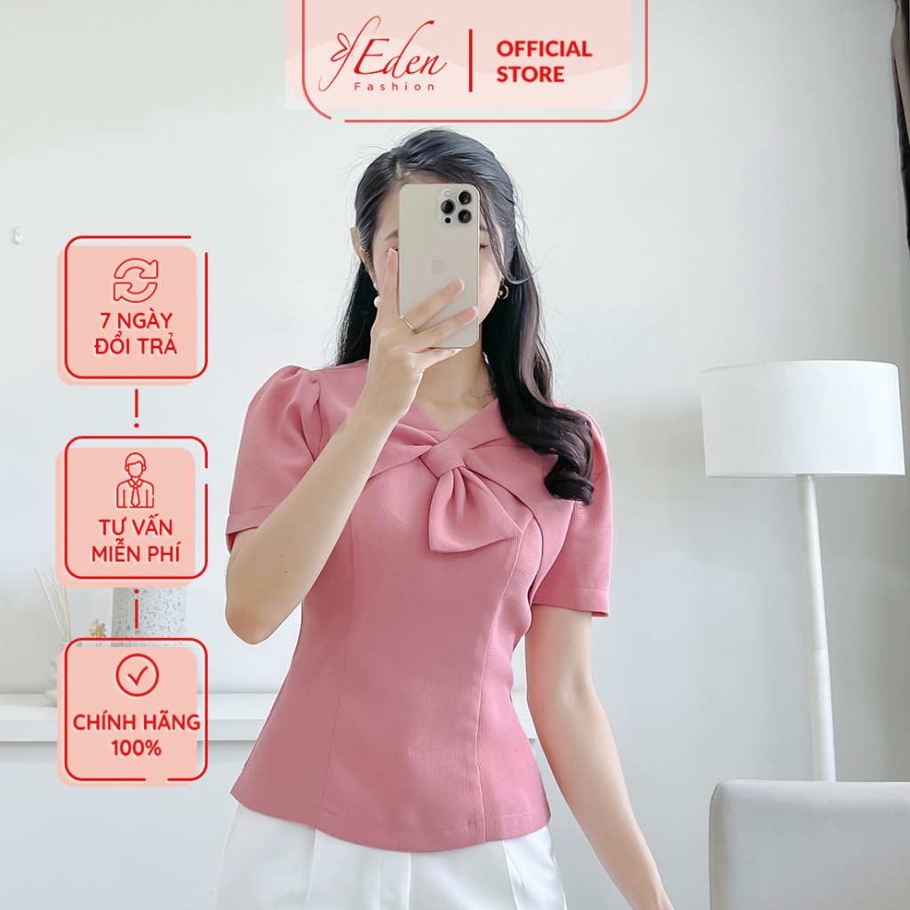 Áo kiểu nữ công sở tay ngắn cổ nơ cách điệu thời trang Eden