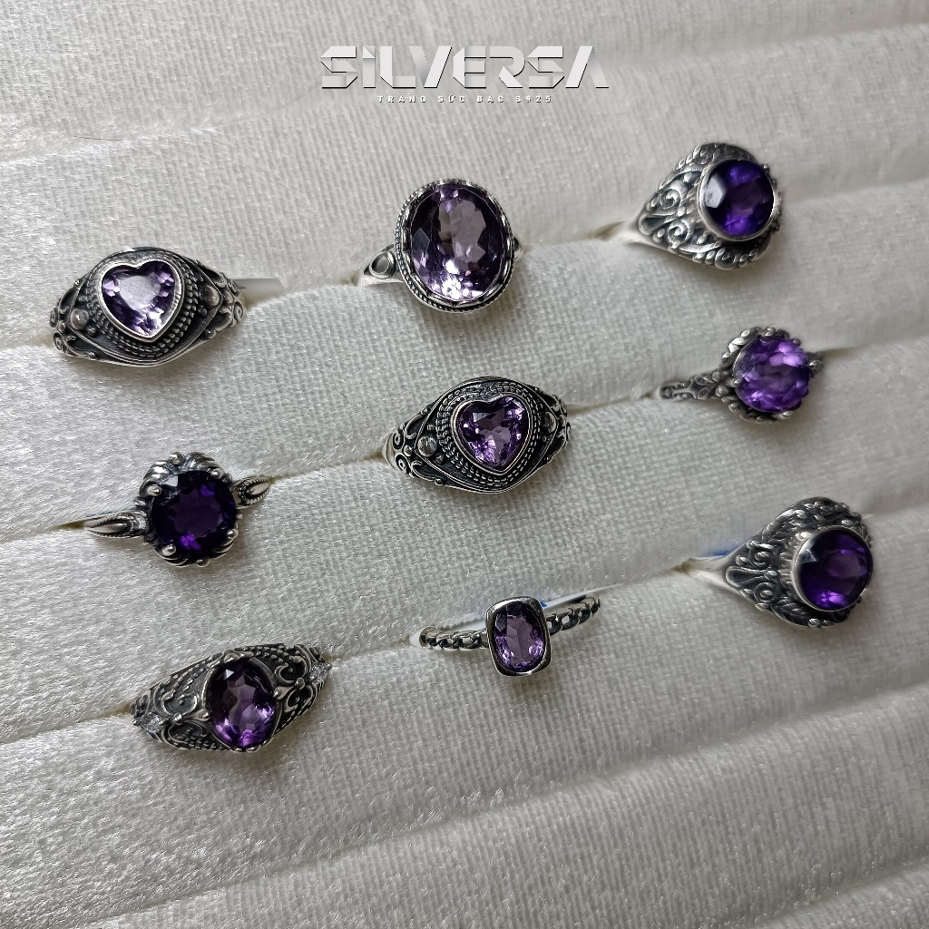 Nhẫn Thạch Anh Tím Amethyst Khung Bạc 925 SILVERSA Nhẫn Bạc Đ.á Tự Nhiên Hợp Mệnh Hỏa Mệnh Thổ