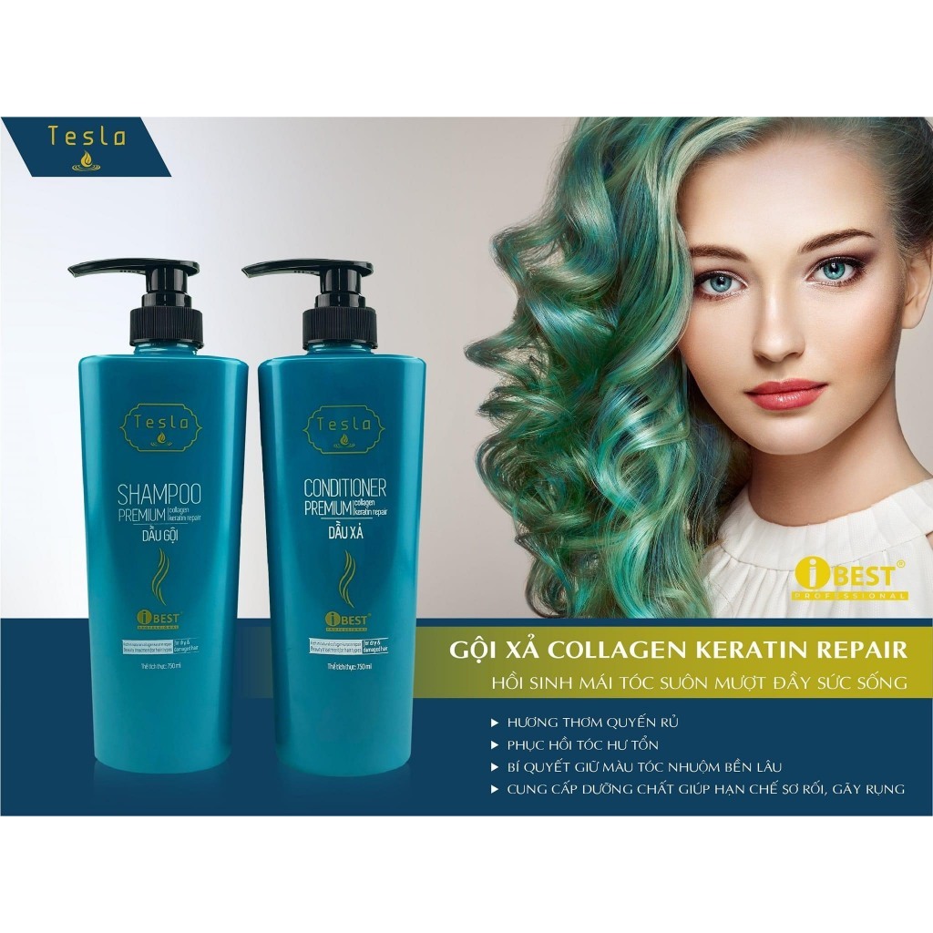 Dầu gội xả giảm rụng tóc, phục hồi hư tổn iBest Tesla Collagen Keratin 750ml