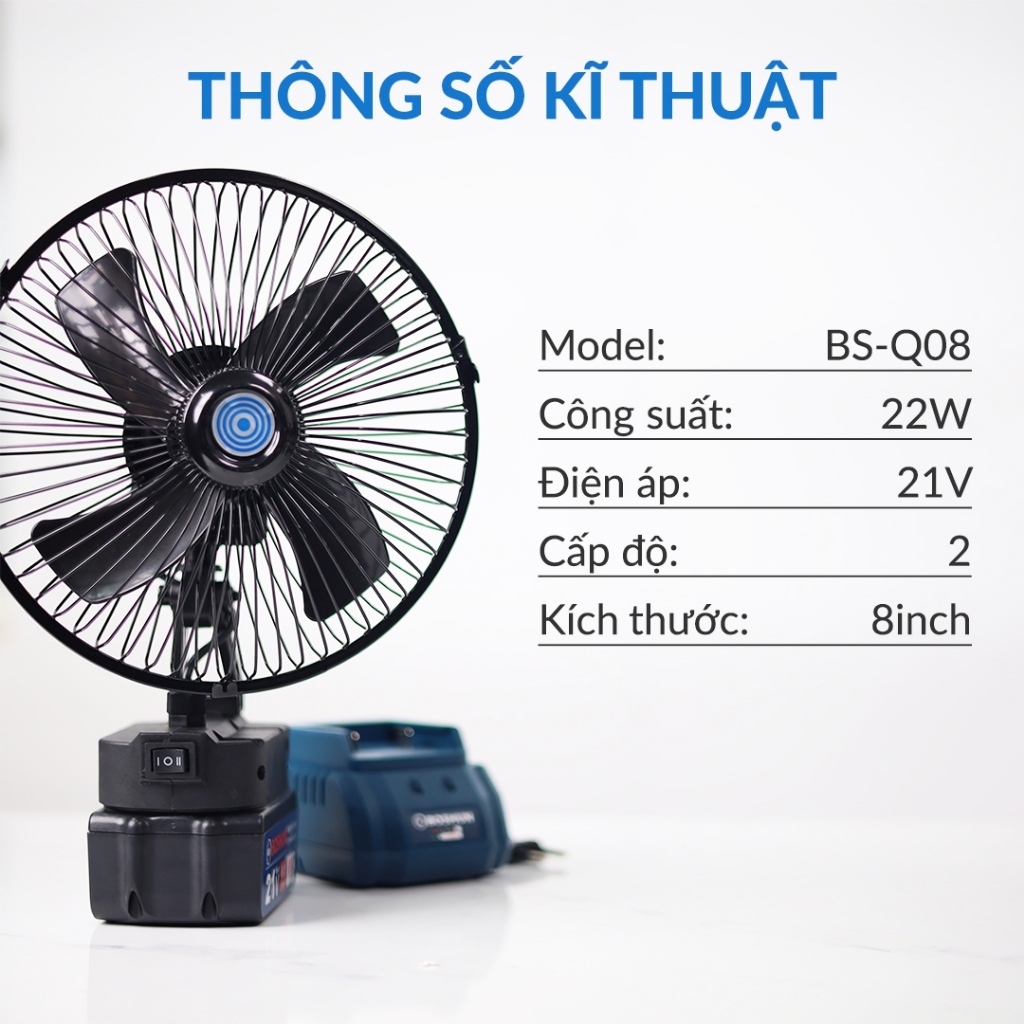 Quạt Chạy Pin 8inch Boshun 2 Cấp Độ Gió, Có Đảo Chiều, Chân Pin Makita Phổ Thông
