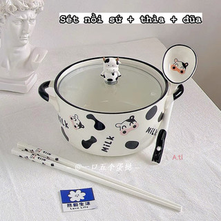 Set Nồi Sứ Kèm Thìa Bò Sữa Siêu Xinh Cute