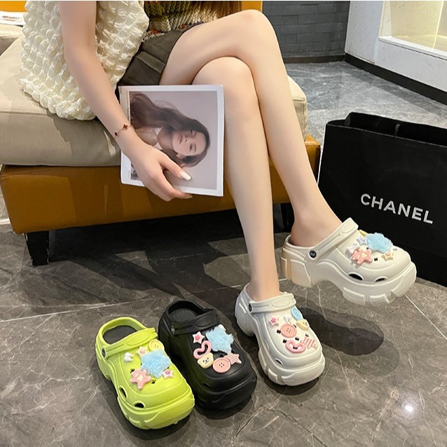 Dép nữ, Dép Cross đế cao 5cm, Dép Crocs nữ, Sticker Gấu ngôi sao cúc áo dễ thương | BigBuy360 - bigbuy360.vn