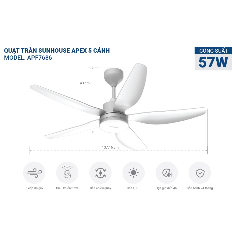 Ảnh Quạt Trần Đèn Led Sunhouse Apex 5 cánh APF-7686, công suất 57W, cánh quạt sải rộng, điều khiển từ xa 2