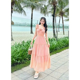 Đầm nữ thời trang thiết kế chất tằm gẫy có lót dịu dàng nữ tính , đầm dài xòe dây áo nơ xinh đính hoa