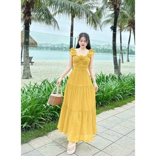 Đầm nữ thời trang thiết kế chất tằm gẫy có lót dịu dàng nữ tính , đầm dài xòe dây áo nơ xinh đính hoa