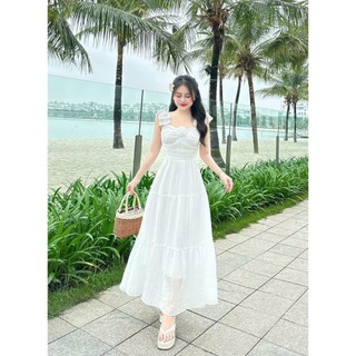 Đầm nữ thời trang thiết kế chất tằm gẫy có lót dịu dàng nữ tính , đầm dài xòe dây áo nơ xinh đính hoa