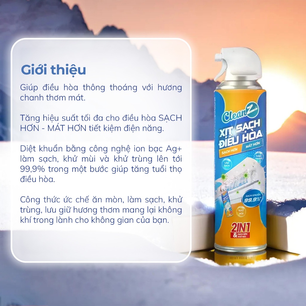 Xịt làm sạch điều hòa Cleanz làm sạch diệt khuẩn bằng công nghệ ion bạc Ag+