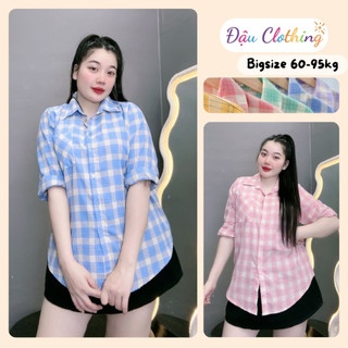 Sơ mi bigsize nữ sọc caro form rộng tay dài bo gấu vạt bầu có túi vải lenin thô mềm mát SM161