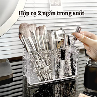 Khay đựng mỹ phẩm, hộp để cọ trang điểm ECO 2 ngăn kim cương trong suốt, Hộp đựng bút để bàn decor
