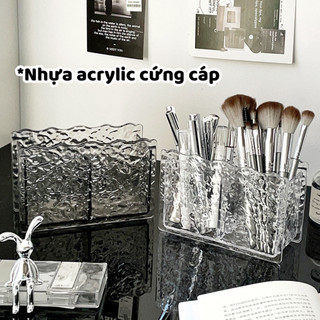 Khay đựng mỹ phẩm, hộp để cọ trang điểm ECO 2 ngăn kim cương trong suốt, Hộp đựng bút để bàn decor