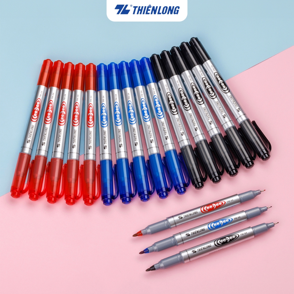 Ảnh Bút lông dầu Thiên Long PM-04 gồm đầu lớn 1.0mm, đầu nhỏ 0.4mm, đa dạng nét viết,thuận tiện khi sử dụng trên nhều bề măt 3