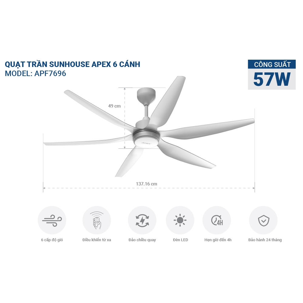 Ảnh Quạt Trần Đèn Led Sunhouse Apex 6 cánh APF-7696, công suất 57W, cánh quạt sải rộng, điều khiển từ xa 2