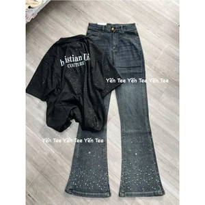 Quần jeans ống loe nữ đính đá Yến Tee ,màu loang bụi bặm mới Yến Tee Shop #10088