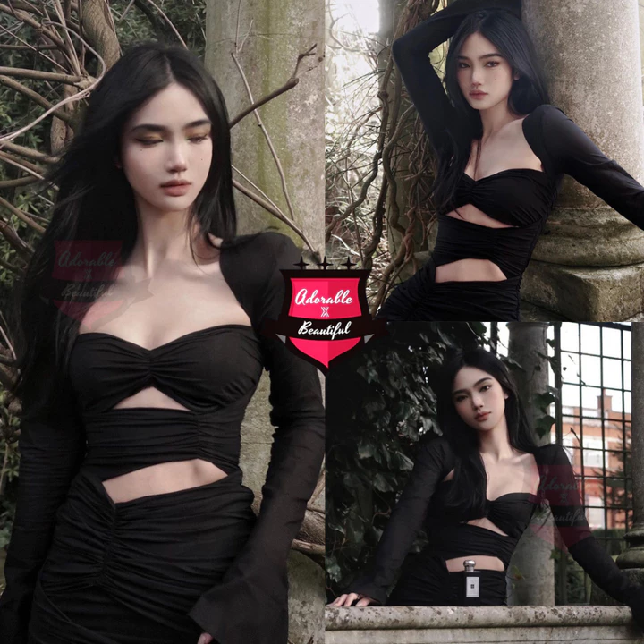 Đầm Body Thun Tay Dài 2 Lớp Cut Out, Váy Ôm Cổ Vuông Co Giãn Sexy Dự Tiệc Sang Trọng