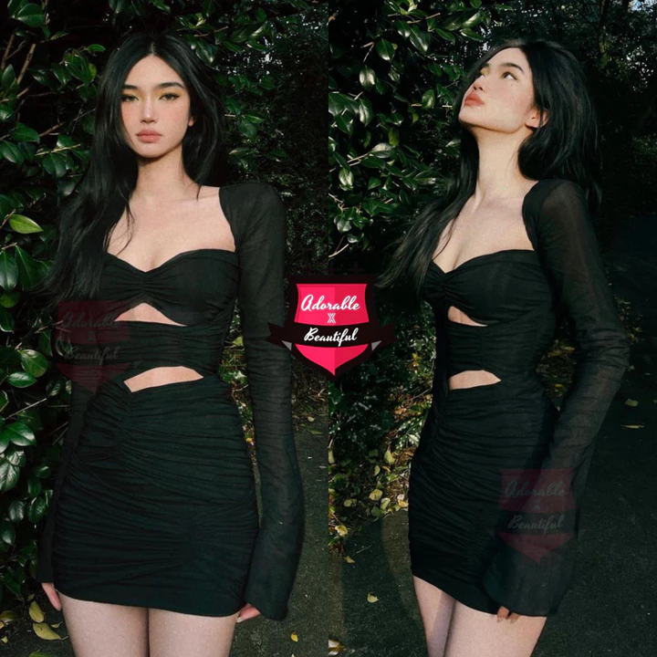 Đầm Body Thun Tay Dài 2 Lớp Cut Out, Váy Ôm Cổ Vuông Co Giãn Sexy Dự Tiệc Sang Trọng