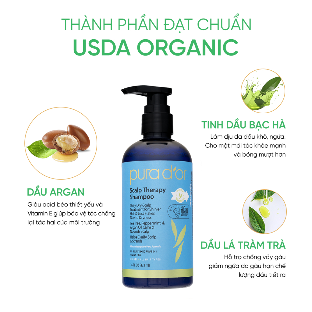 Ảnh Dầu gội hữu cơ  kiềm dầu, giảm gàu nuôi dưỡng da đầu PURA D'OR Scalp Therapy 473ml 4