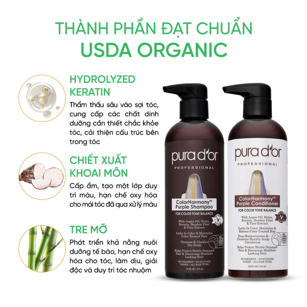 Ảnh Combo dầu gội dầu xả tím hữu cơ khử vàng, giữ màu cho tóc tẩy nhuộm, phục hồi hư tổn Color Harmony Purple Pura D'or 3