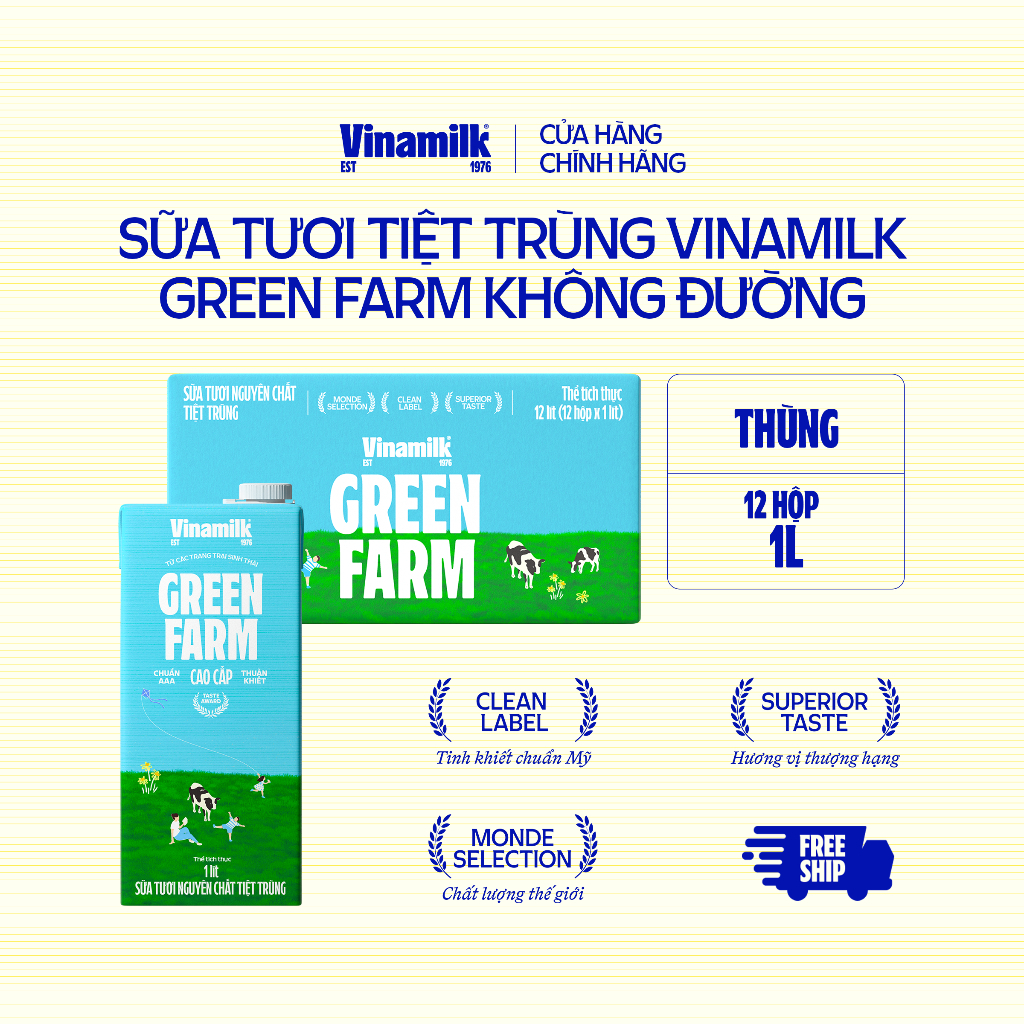 Thùng 12 Sữa tươi tiệt trùng Không đường Vinamilk Green Farm - hộp 1L ...