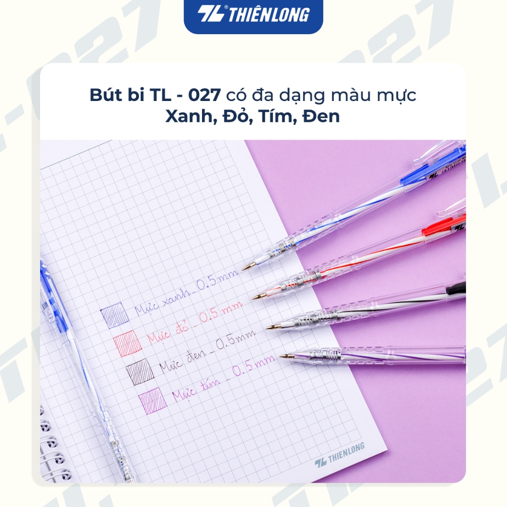 Product image Combo 5/10/20 Bút bi Thiên Long TL-027 mực xanh/đỏ/đen/tím ngòi 0.5mm, nét viết đều dành cho học sinh, văn phòng 5