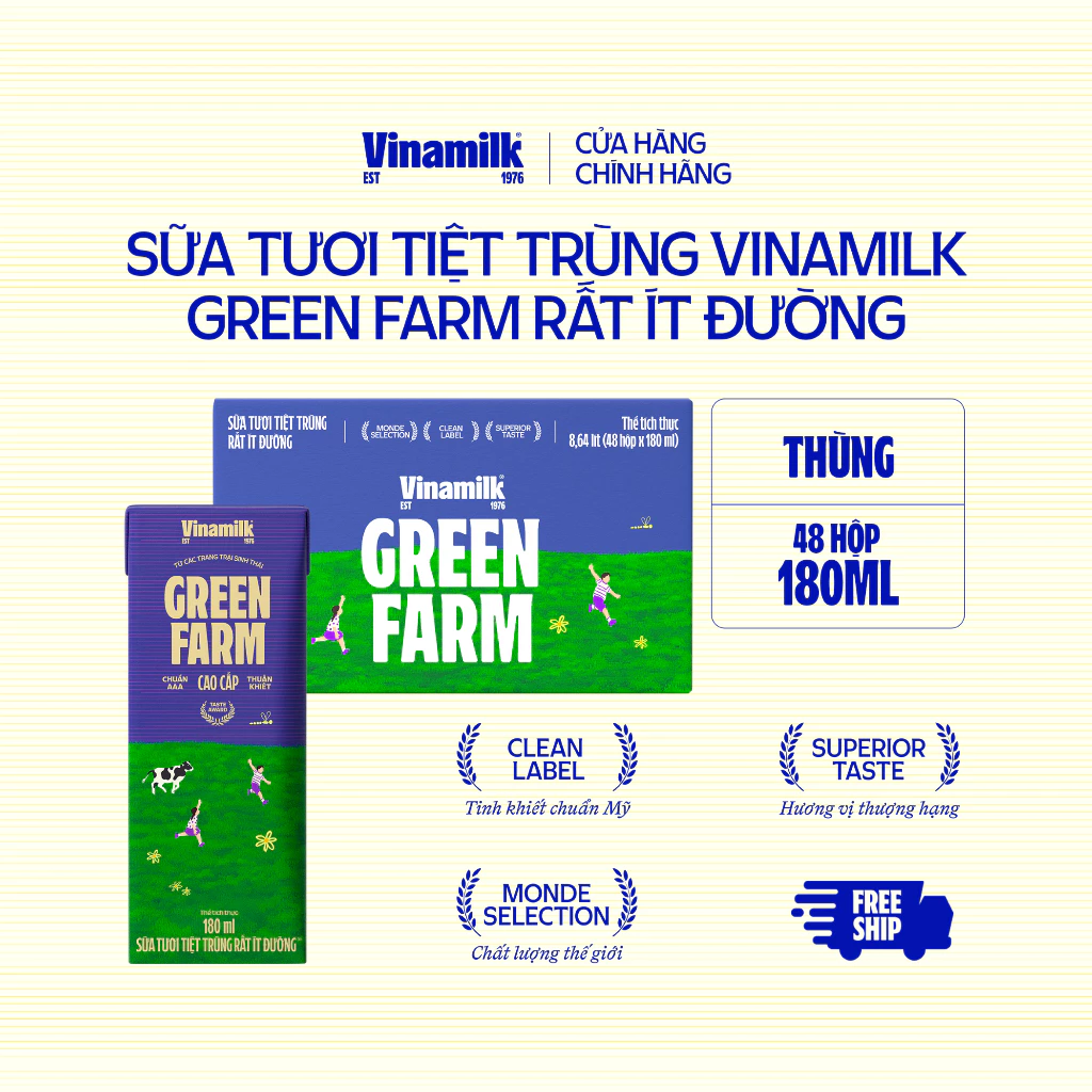 Thùng 48 Hộp Sữa Tươi Tiệt Trùng Vinamilk Green Farm Rất ít đường 180ml| [Có thể nhận bao bì Tết/ Th