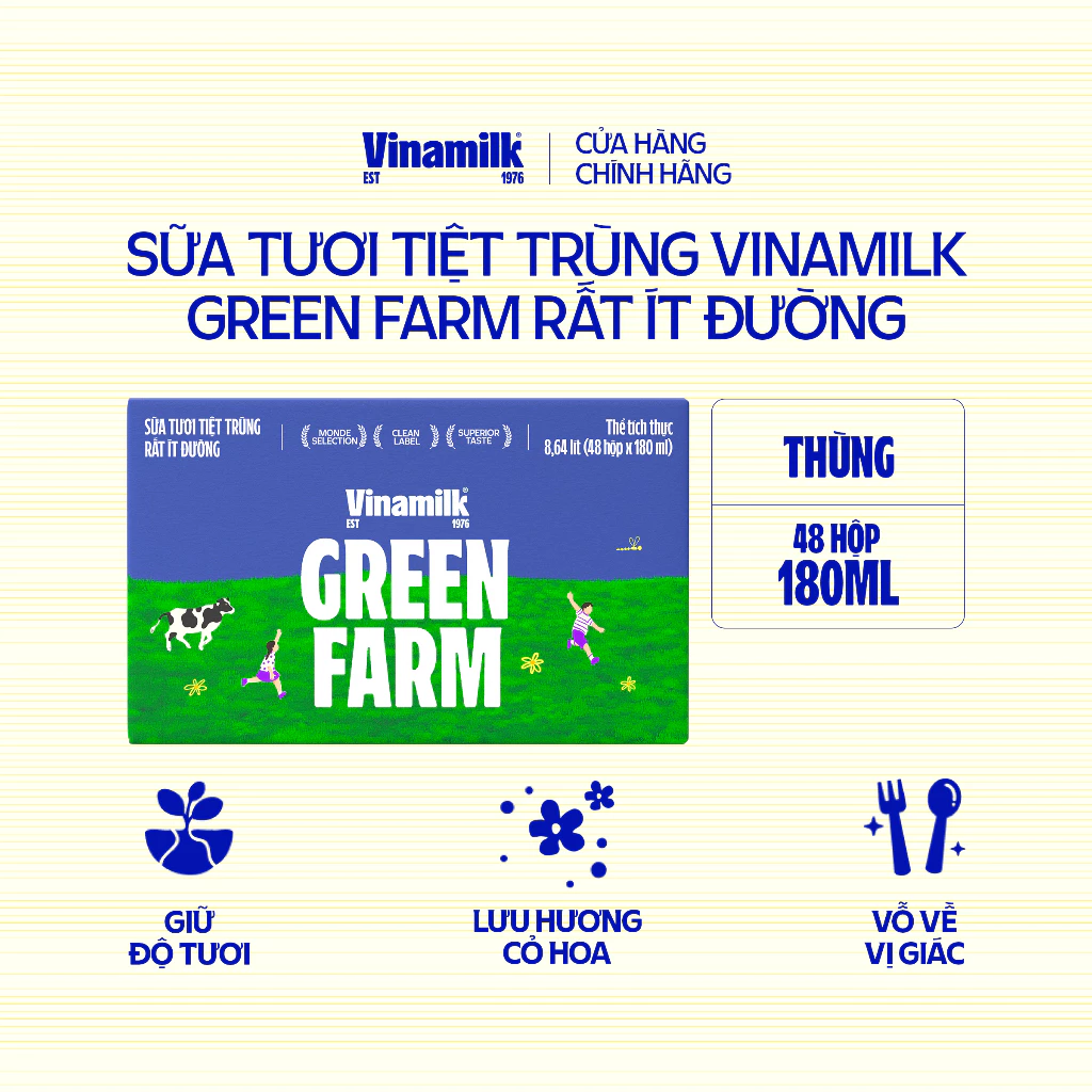 Thùng 48 Hộp Sữa Tươi Tiệt Trùng Vinamilk Green Farm Rất ít đường 180ml| [Có thể nhận bao bì Tết/ Th