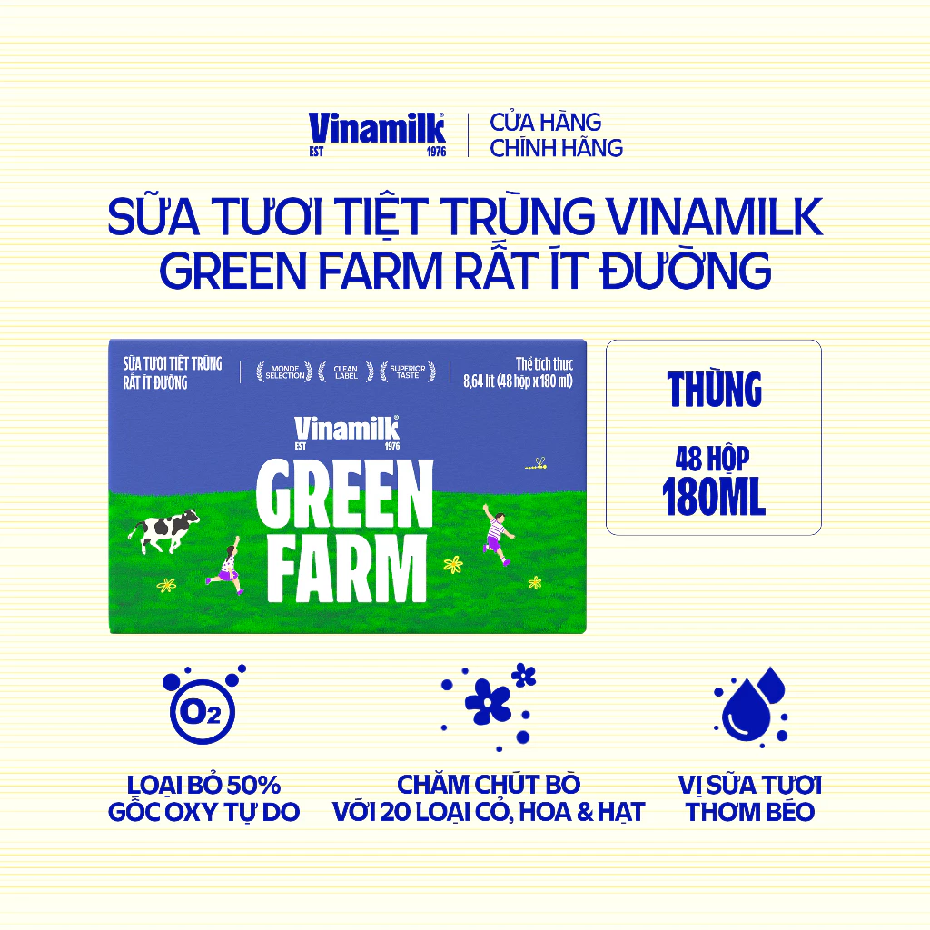 Thùng 48 Hộp Sữa Tươi Tiệt Trùng Vinamilk Green Farm Rất ít đường 180ml| [Có thể nhận bao bì Tết/ Th
