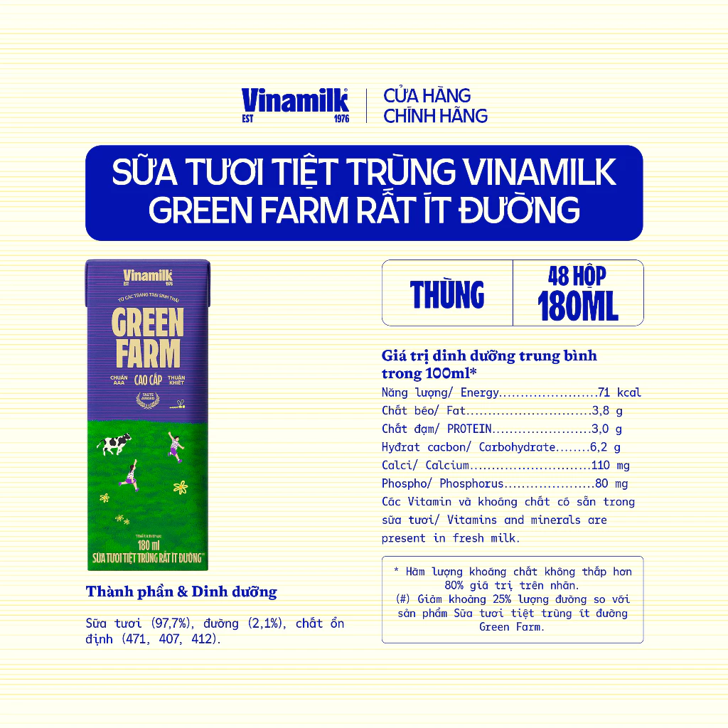 Thùng 48 Hộp Sữa Tươi Tiệt Trùng Vinamilk Green Farm Rất ít đường 180ml| [Có thể nhận bao bì Tết/ Th