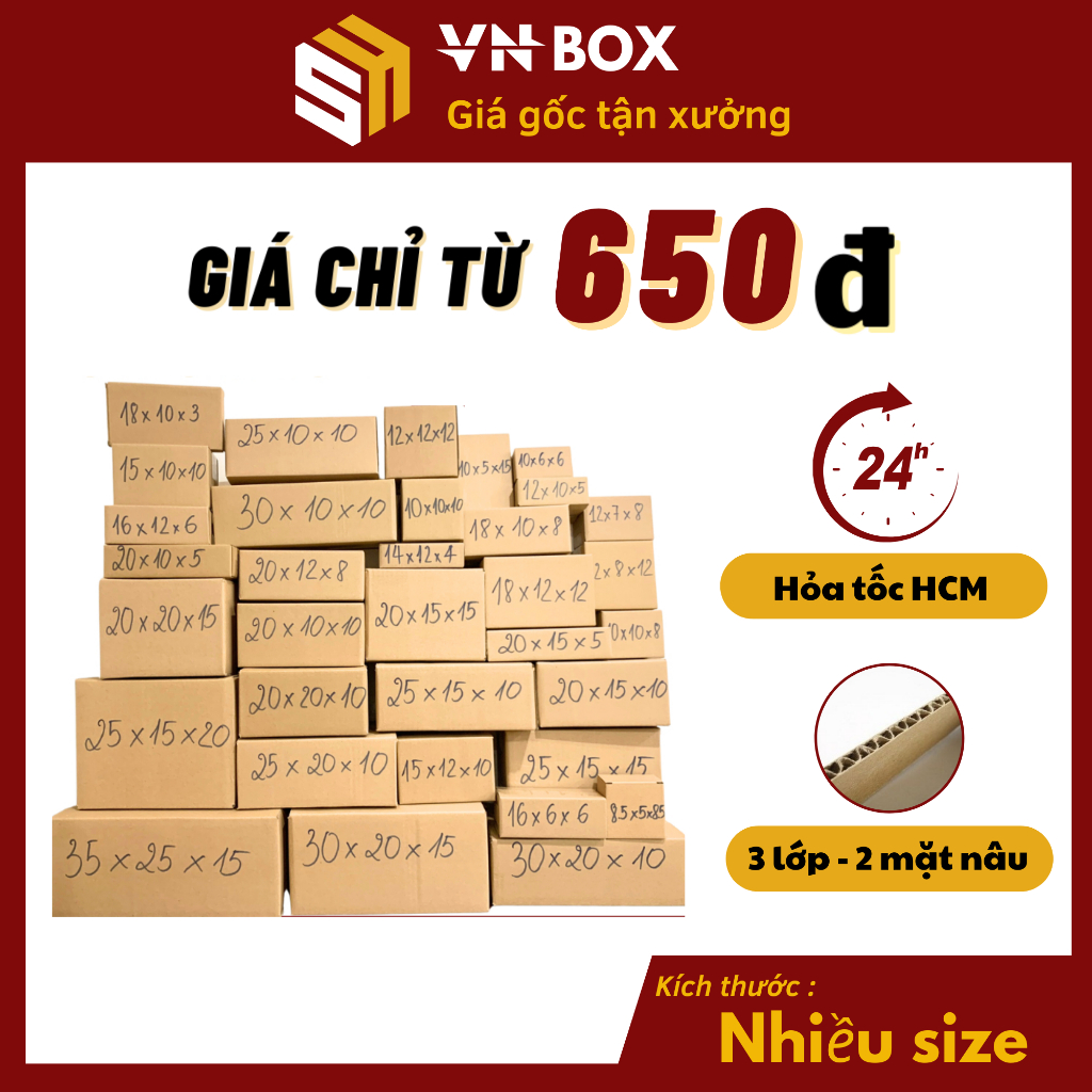 Combo 50 Hộp carton đóng gói hàng nhiều kích thước giá rẻ gói hàng size NHỎ đựng phụ kiện mỹ phẩm gói quà - VN BOX HCM