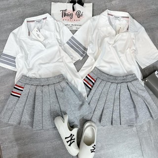 Sét áo thun trắng cổ đúc học sinh mix chân ly kẻ vạch