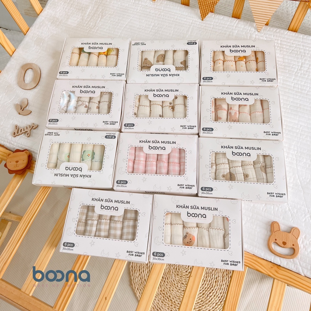 Khăn sữa sét 6 cái Boona vải xô Muslin cao cấp, mềm mại, thấm hút siêu tốt cho bé size 30x30 - 3SBABY HT06