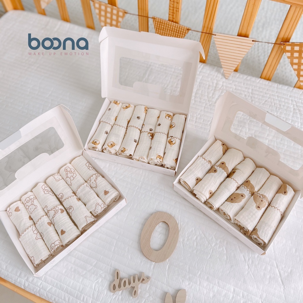 Khăn sữa sét 6 cái Boona vải xô Muslin cao cấp, mềm mại, thấm hút siêu tốt cho bé size 30x30 - 3SBABY HT06