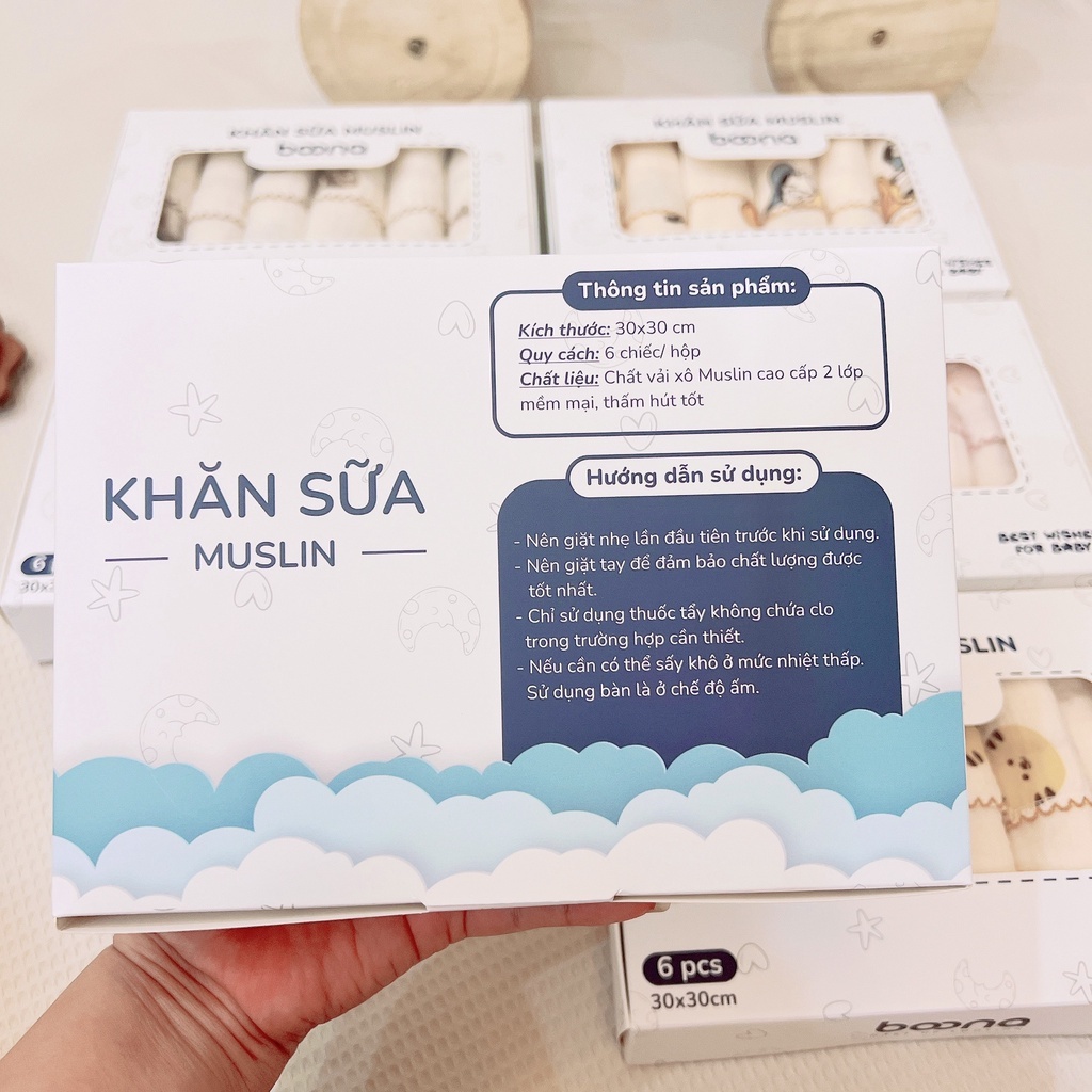 Khăn sữa sét 6 cái Boona vải xô Muslin cao cấp, mềm mại, thấm hút siêu tốt cho bé size 30x30 - 3SBABY HT06