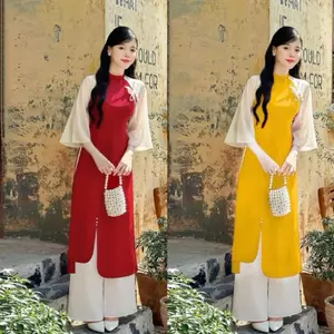 Áo Dài Cách Tân Nữ,Vải Lụa Mỹ Cổ Lệch Đính Nơ,Tay Phối Loe Siêu Sang