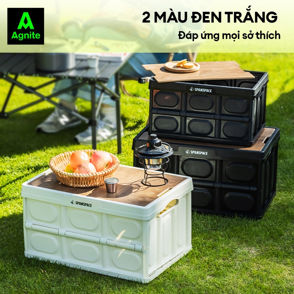 Hộp nhựa đựng đồ gấp gọn đa năng kiêm Bàn camping nắp gỗ chịu tải lớn dùng cho cắm trại, dã ngoại, picnic