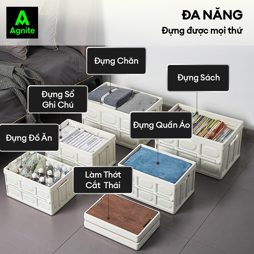 Hộp nhựa đựng đồ gấp gọn đa năng kiêm Bàn camping nắp gỗ chịu tải lớn dùng cho cắm trại, dã ngoại, picnic