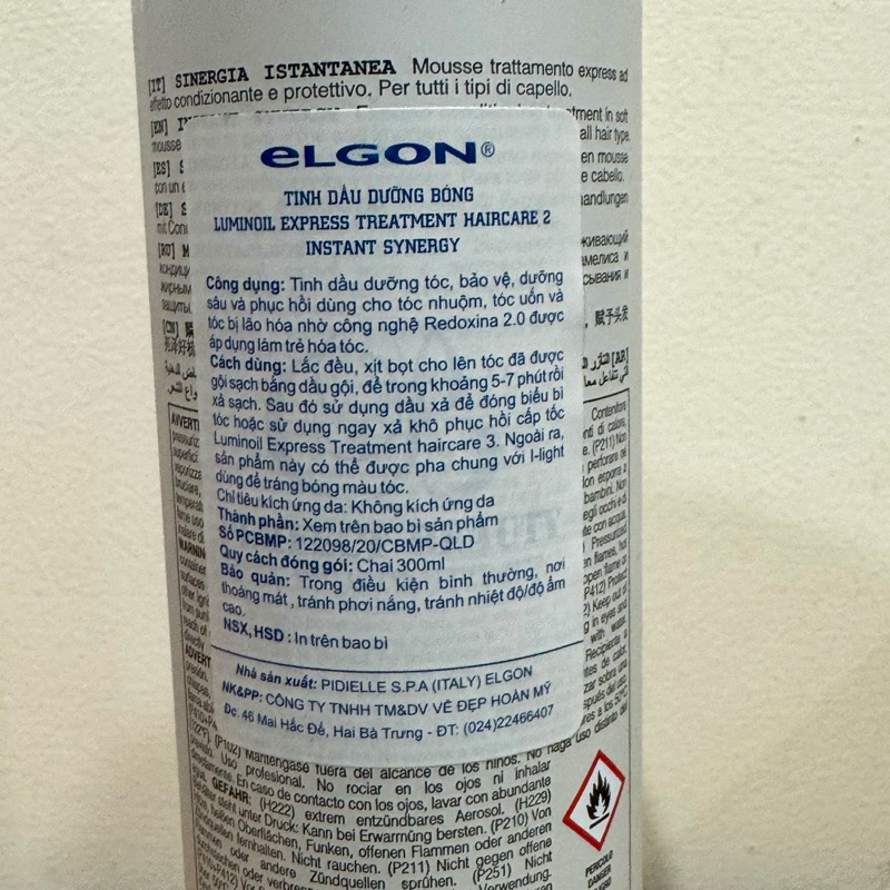 Tinh dầu phục hồi tóc cấp tốc dạng bọt Elgon Luminoil 2 Instant cho tóc sau hoá chất uốn duỗi nhuộm 300ml