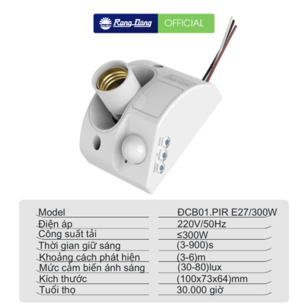 Ảnh Đui đèn cảm biến Rạng Đông Tích hợp cảm biến chuyển động và cảm biến ánh sáng ĐCB01.PIR E27/300W 1