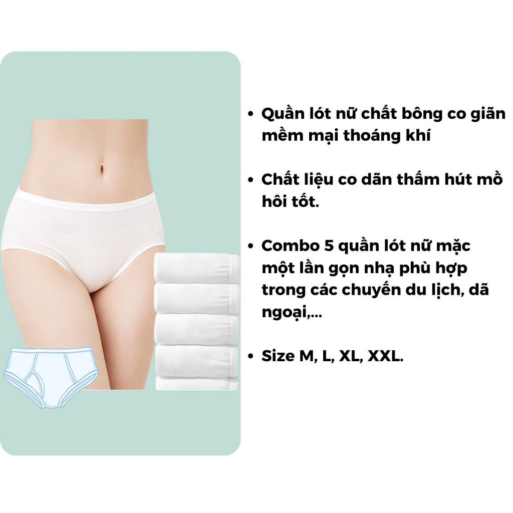 Combo 5 Quần lót nữ giấy dùng 1 lần tiện lợi cotton bông co dãn siêu tốt dáy may 2 lớp LANIXA Q474