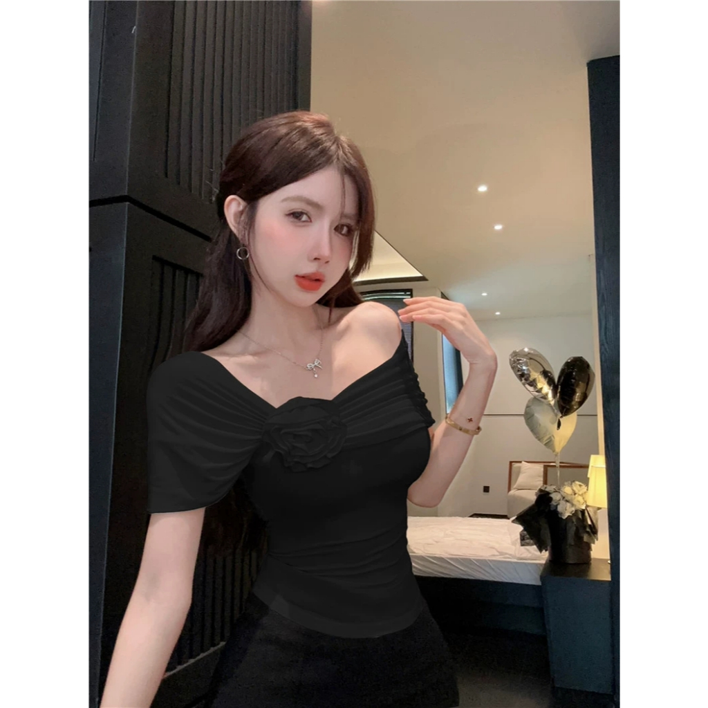 Áo Trễ Vai Tay Ngắn RANSHI Thiết Kế Hoa Đính Ngực Xinh Kiểu Dáng Ôm Sát Sexy Chất Thun Cotton Mềm Mát - RA223