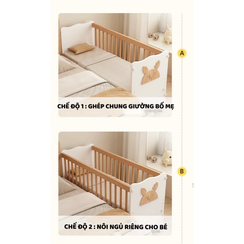 Cũi cho bé, cũi gỗ thông cao cấp đa năng Honalife, 6 mức điều chỉnh độ cao ghép chung giường bố mẹ