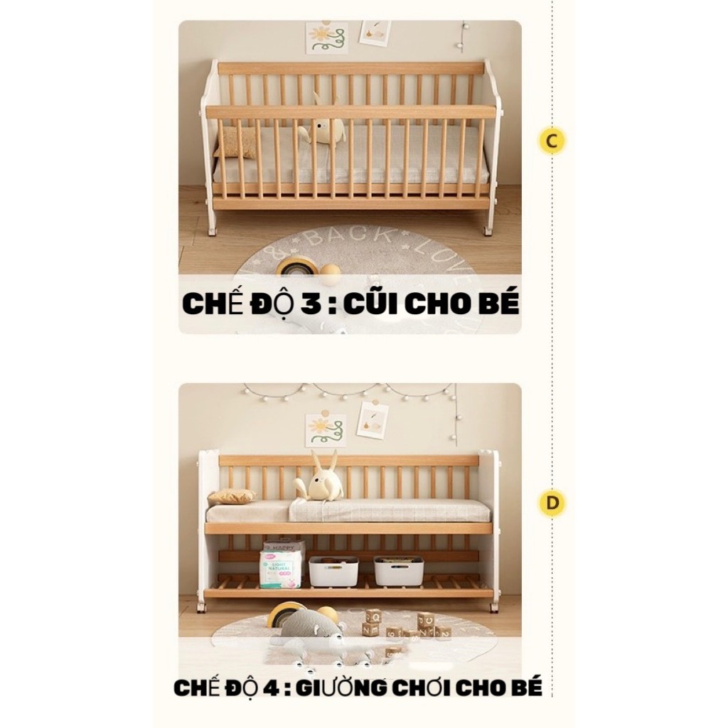 Cũi cho bé, cũi gỗ thông cao cấp đa năng Honalife, 6 mức điều chỉnh độ cao ghép chung giường bố mẹ
