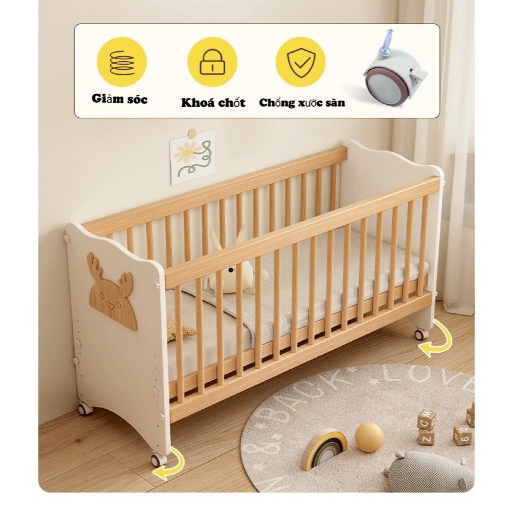 Cũi cho bé, cũi gỗ thông cao cấp đa năng Honalife, 6 mức điều chỉnh độ cao ghép chung giường bố mẹ