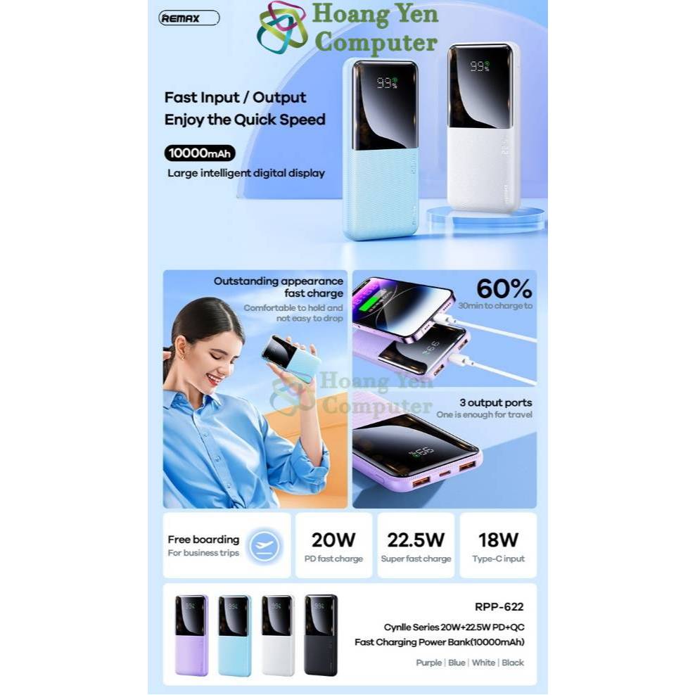 Sạc Dự Phòng Remax RPP-622 10000Mah Siêu Đẹp (Sạc Nhanh QC3.0 18W, 22.5W, PD20W, VOOC 2.0) - BH 1 Năm - Hoàng Yến