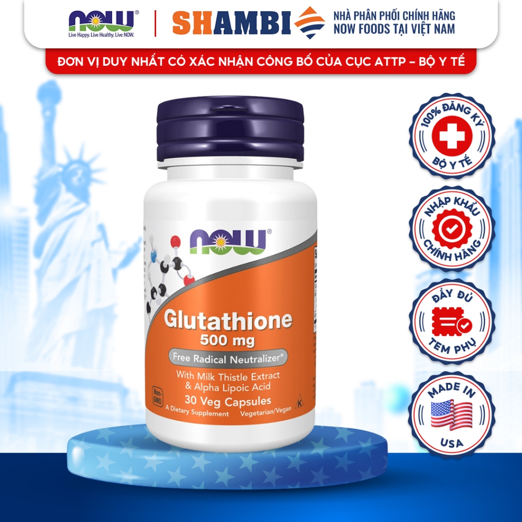 viên uống trắng da now glutathione 500mg của mỹ Viên Uống NOW FOODS Glutathione 500mg Chống Lão Hóa Da, Oxi Hóa, Thải Độc  Gan