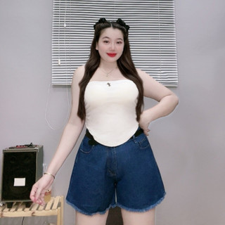Quần Đùi Jean Bigsize Nữ Cạp Cao Ống Rộng Cắt Lai Cá Tính Có Túi Vải Denim Chuẩn Phom J1