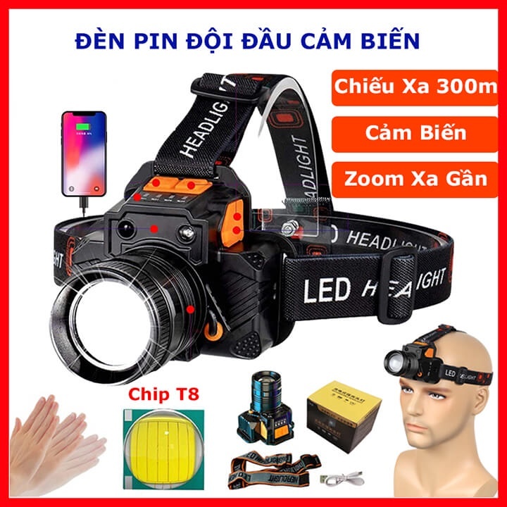 Đèn Pin Đội Đầu 1 Bóng Cảm Biến Siêu Sáng Chiếu Xa 300m Chip Led L9 Chống Thấm Nước Pin Sử Dụng 7-8H