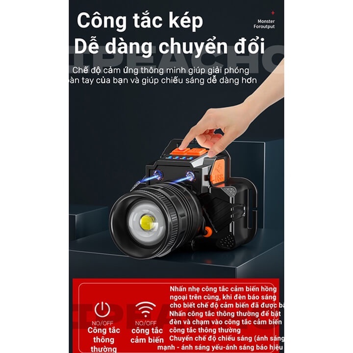 Đèn Pin Đội Đầu 1 Bóng Cảm Biến Siêu Sáng Chiếu Xa 300m Chip Led L9 Chống Thấm Nước Pin Sử Dụng 7-8H
