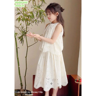💯Hè 2026💯Set Đầm trắng thêu đục lỗ tiểu thư cổ yếm phong cách Hàn Quốc, hàng cao cấp cho bé gái 10-40kg Angle