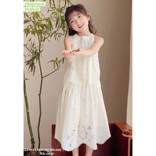 💯Hè 2026💯Set Đầm trắng thêu đục lỗ tiểu thư cổ yếm phong cách Hàn Quốc, hàng cao cấp cho bé gái 10-40kg Angle