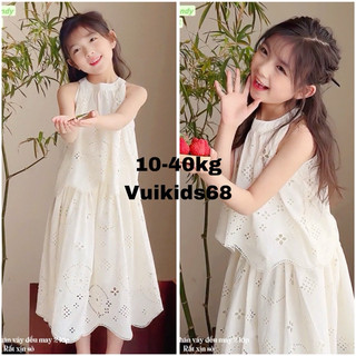 💯Hè 2026💯Set Đầm trắng thêu đục lỗ tiểu thư cổ yếm phong cách Hàn Quốc, hàng cao cấp cho bé gái 10-40kg Angle